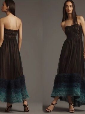 Anthropologie Strapless Black Dress with Teal Ombre Ruffle Hem